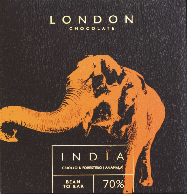 Front packaging of London Chocolate 70% India with black background and elephant in orange in the foreground